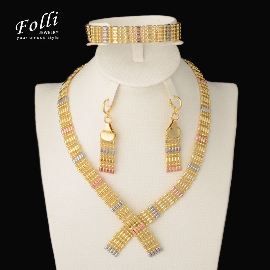 Compra Moda De Alta Calidad Tres Conjunto De Joyas De Color Oro Italia 750  Pendientes Collar Pulsera Boda Fiesta Conjunto Para Mujeres Barato |  Entrega Rápida Y Calidad | Es.Dhgate