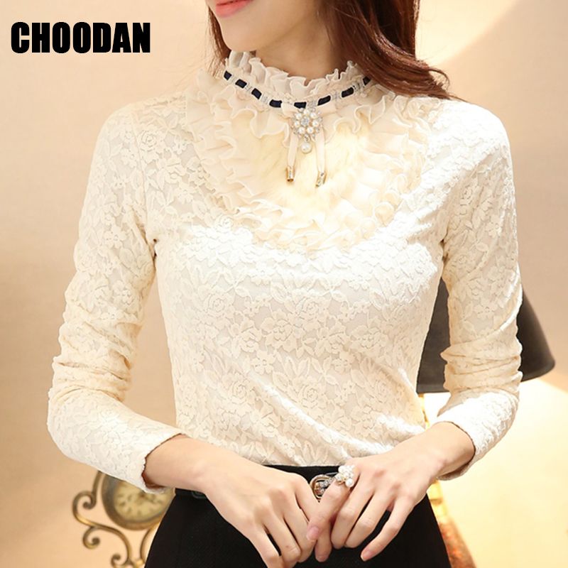 Camisa elegante Blusa de lana de manga larga Cálido Otoño Invierno de encaje para