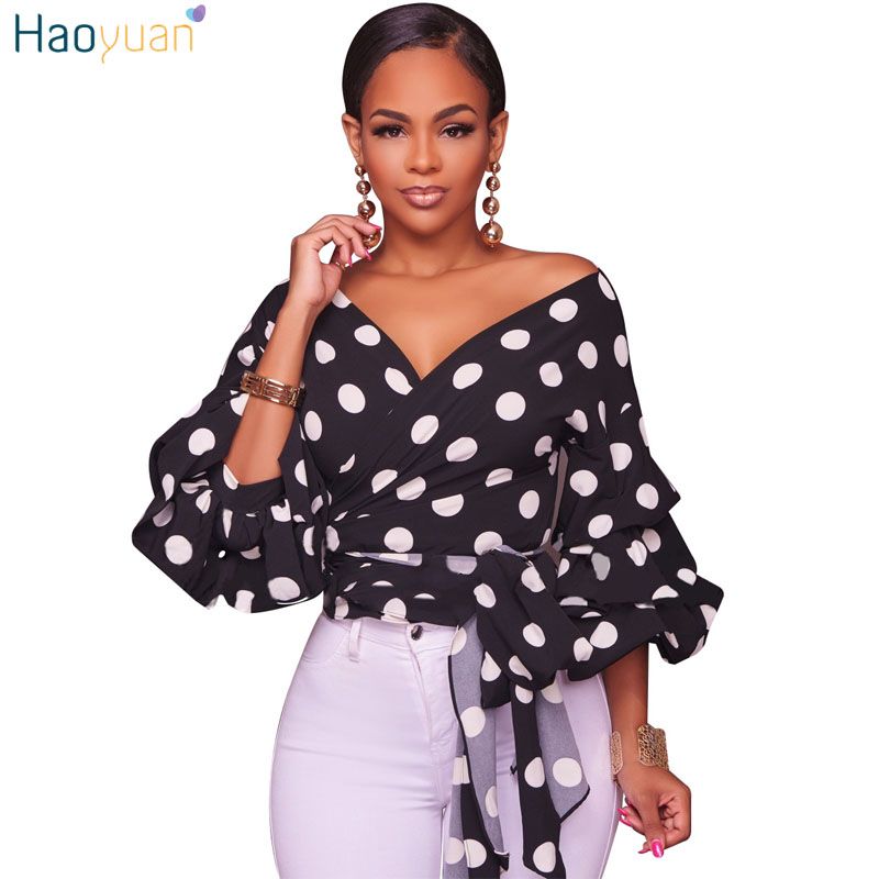 Haoyuan Lantern Sleeve Polka Dots Blusas De Moda Deep V Sexy Blanco Blanco Blusas Streetwear Mujeres Camisas 13,38 € | DHgate