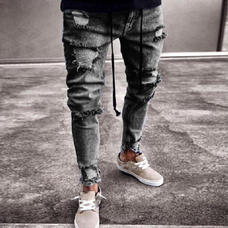 European American Fashion Streetwear Men's Jeans Skinny Fit Destroyed Ripped...