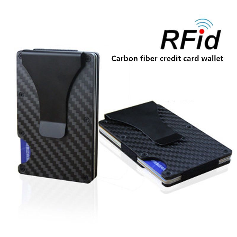 Hommes Slim fibre de carbone du détenteur de la carte de crédit RFID Blocage Portefeuille en métal argent clip
