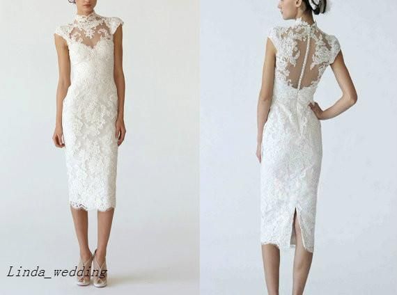 White Lace Knee Length Wedding Dress 