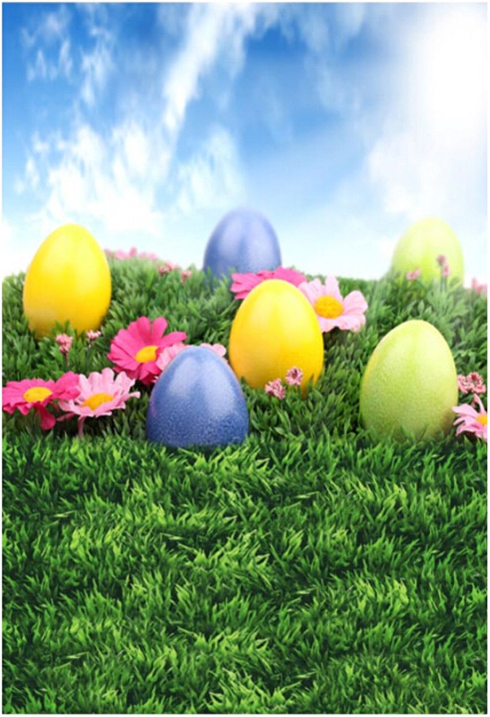 ful easter eggs photo background for kids blue sky pink flowers green grassland baby newborn photography props spring backdrop for sale from easter egg background