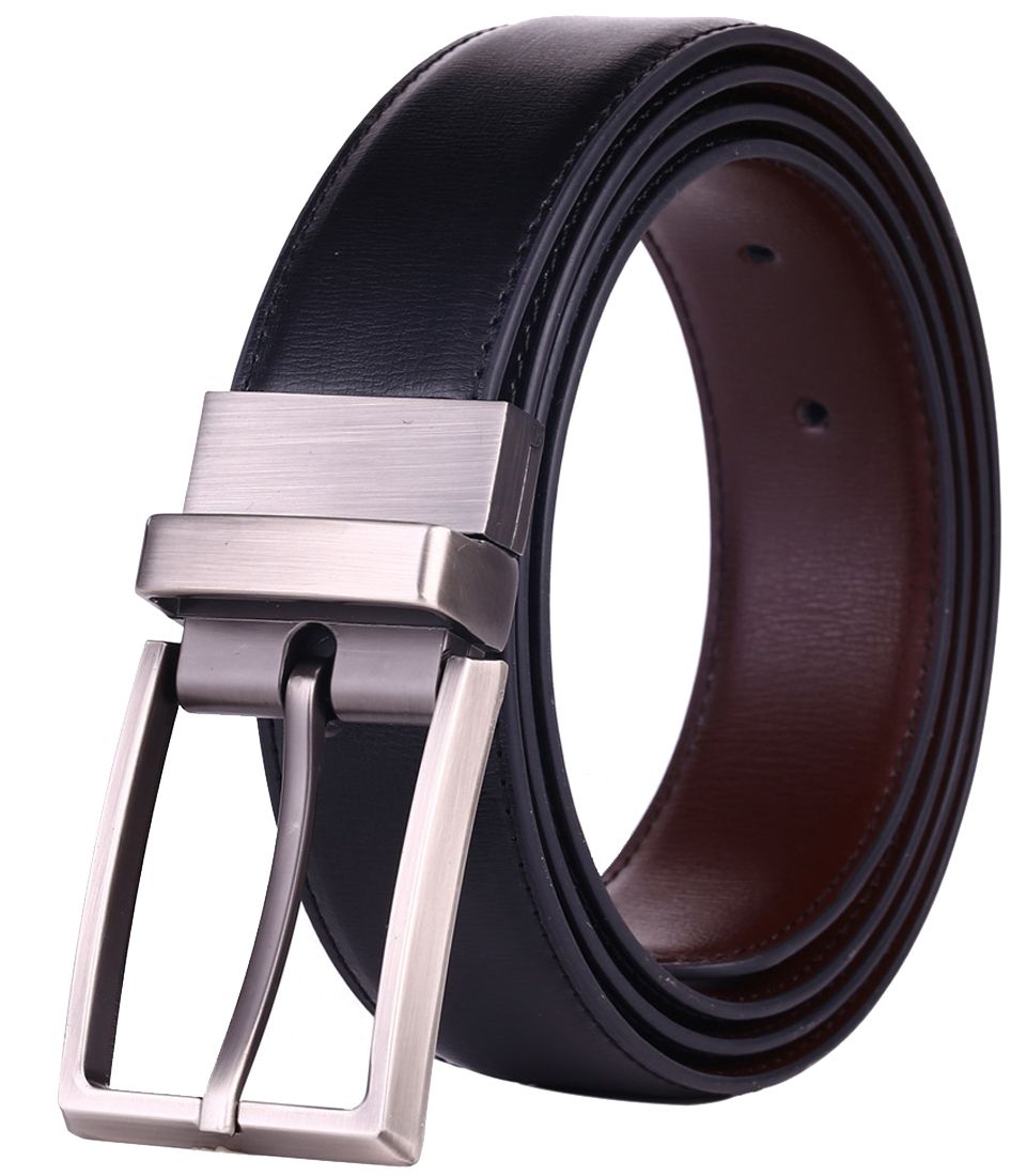 Mens Reversible Dress Leather Belt With Rotate Prong Buckle Two In One