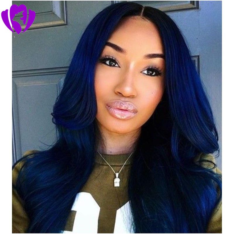 New style dark roots ombre blue Synthetic Lace Front Wigs Natural Hair body  wave wig For