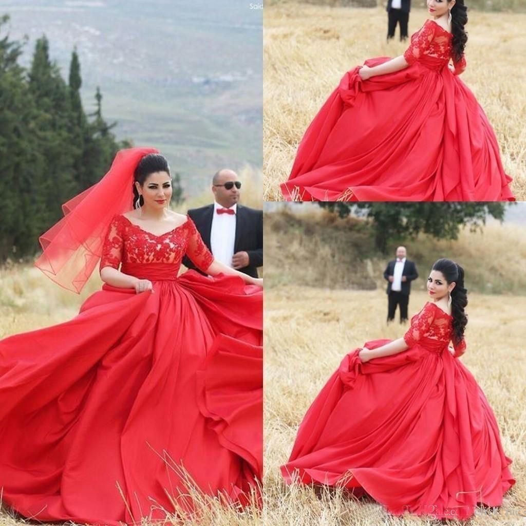 Compra Vestido De Novia Rojo 2018 Tallas Grandes Vestido De Bola De Satén  Con Cuello En V Apliques De Encaje Media Manga Vestidos De Novia Vestido De  Novia Barato | Entrega Rápida