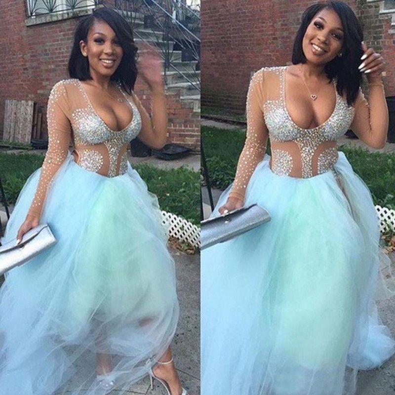 18 Mint Tulle Black Girl Plus Size Prom Dresses Long Sexy V Neck Sheer Long Sleeve Beaded Crystals Formal Party Gowns Custom En22 From Dress 1st 4 03 Dhgate Com