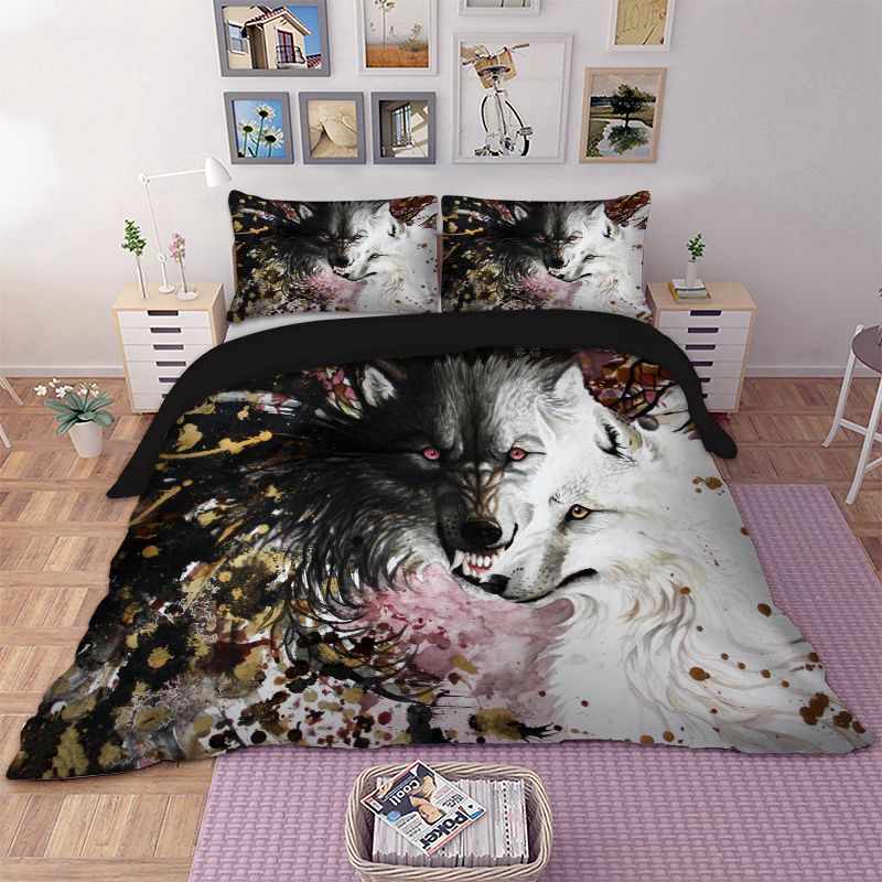 Art Style Wolf Couple Bedding Set Twin Full Queen King Super King