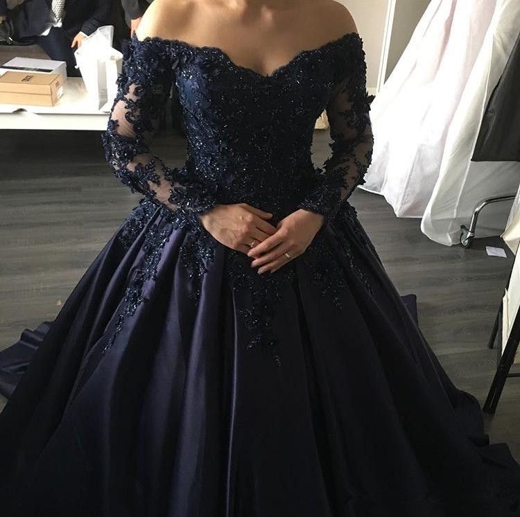 Elegant Navy Blue Prom Klänning Lång V Neck Lace Applique Beading