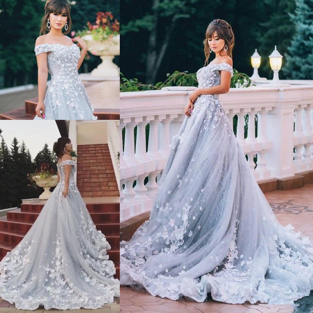 2018 Modest Civil 3D Vestidos de novia de encaje floral Dusty Blue Size Off Shoulder