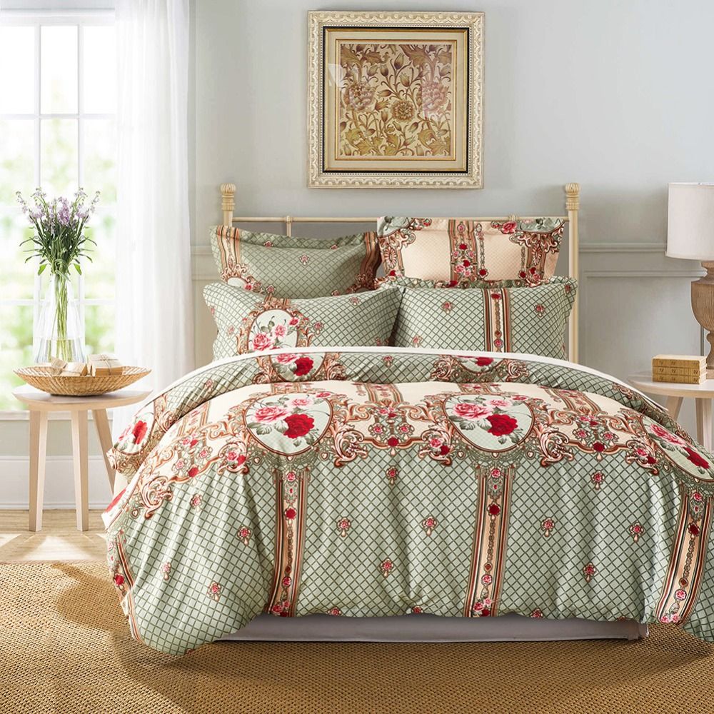 Classical European Rose Flower Floral Grid Plaids Paern Bedding