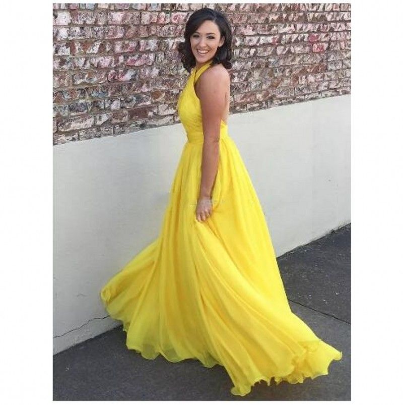 Acheter Robe De Soirée Longue En Mousseline De Soie Jaune Grande Taille Halter Robe De Soirée Longue Dos Nu En Mousseline De Soie Plissée Robe De