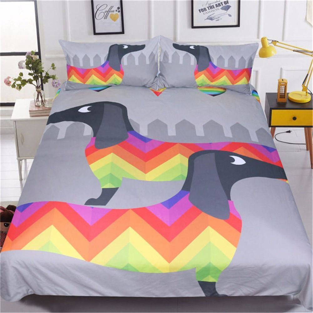 Dachshund Sausage Duvet Cover Set Cute Rainbow Puppy Bedding Set