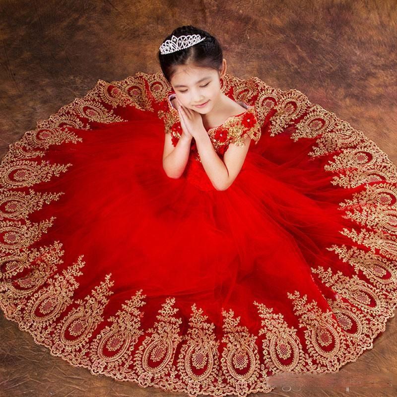 Vestido De Tul Rojo Y Dorado Con Apliques Para Niñas Vestidos Con Hombros Descubiertos Hasta El Suelo Princesa Vestidos De Niña De Flores Vestidos Cumpleaños Para Niñas De 94,94 € | DHgate