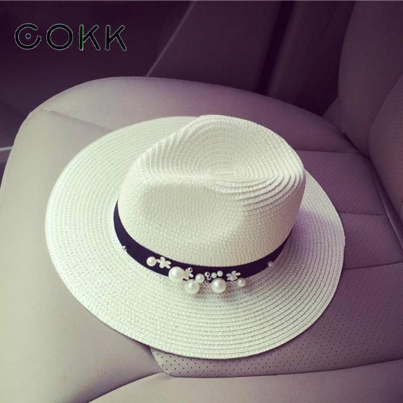 2019 New Spring Summer Hats for Women Flower Beads Wide Brimmed Jazz Panama Hat Sun Visor Beach Hat 