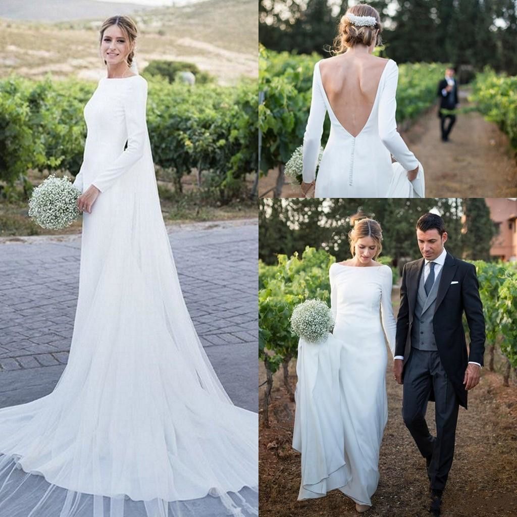 2019 Vestidos de sencillos de satén de sirena Manga larga respaldo Tren largo Vestidos