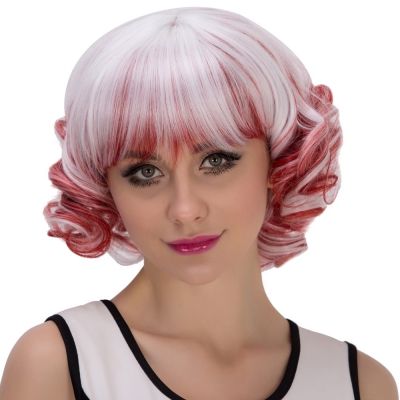 Women Short Curly Mixed Color Red White Highlights Wigs Suitable
