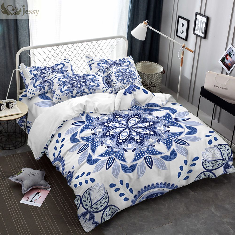 Luxury Chinese Ethnic Style Bedding Set Duvet Cover Set Blue White