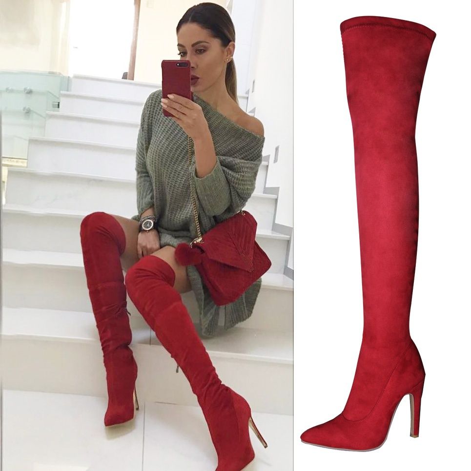 buy \u003e red suede knee high boots uk, Up 