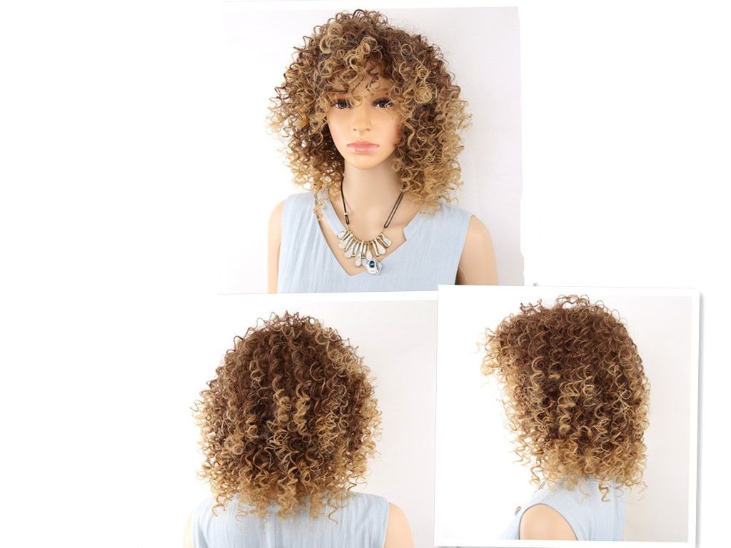 Short Blonde And Brown Afro Kinky Curly Wig Fluffy Wigs for American Women Synthetic Hair High Short Blonde And Brown Afro Kinky Curly Wig Fluffy Wigs for American Women Synthetic Hair High