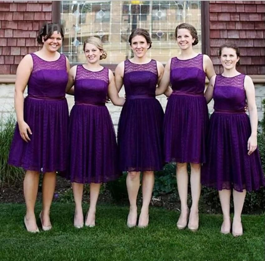 Grape purple vintage lace Short Bridesmaid Dresses 2019 Cheap Knee Length  lace up corset plus size Wedding Party Gowns Plus Size Custom made