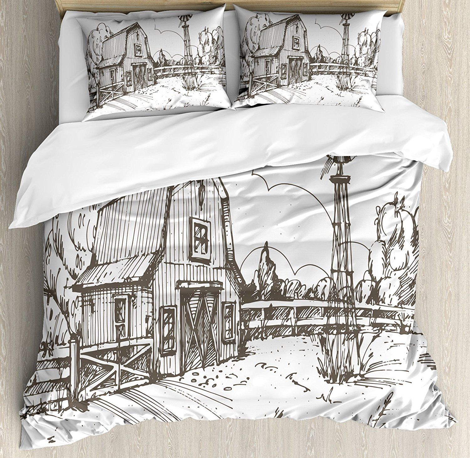 Duvet Cover Set Rustic Barn Farmhouse Hand Drawn Illustration