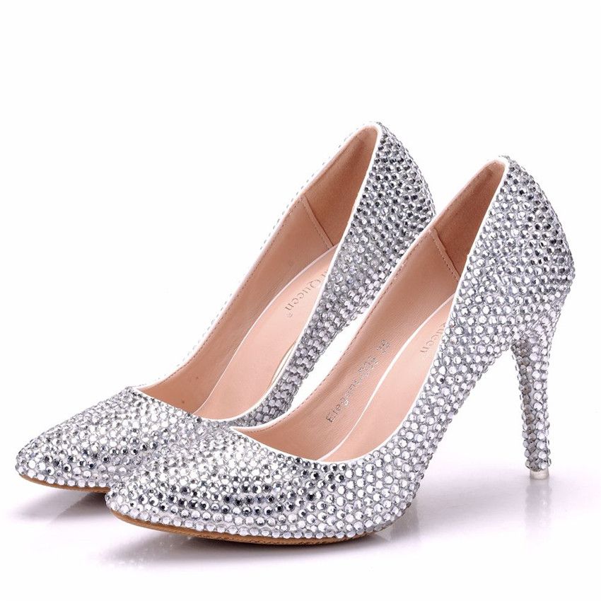 silver thick heel shoes