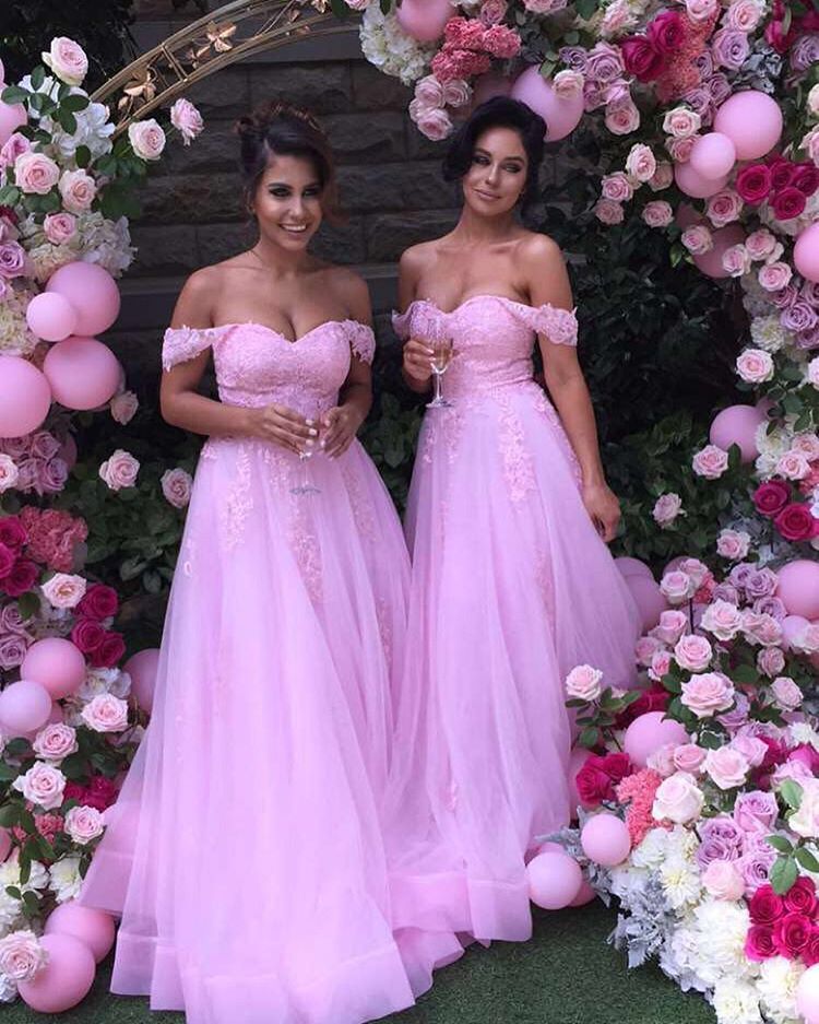 dentro imagen Pulido Romántico rosa fuera de los hombros vestido de fiesta de dama de honor  largo con mangas