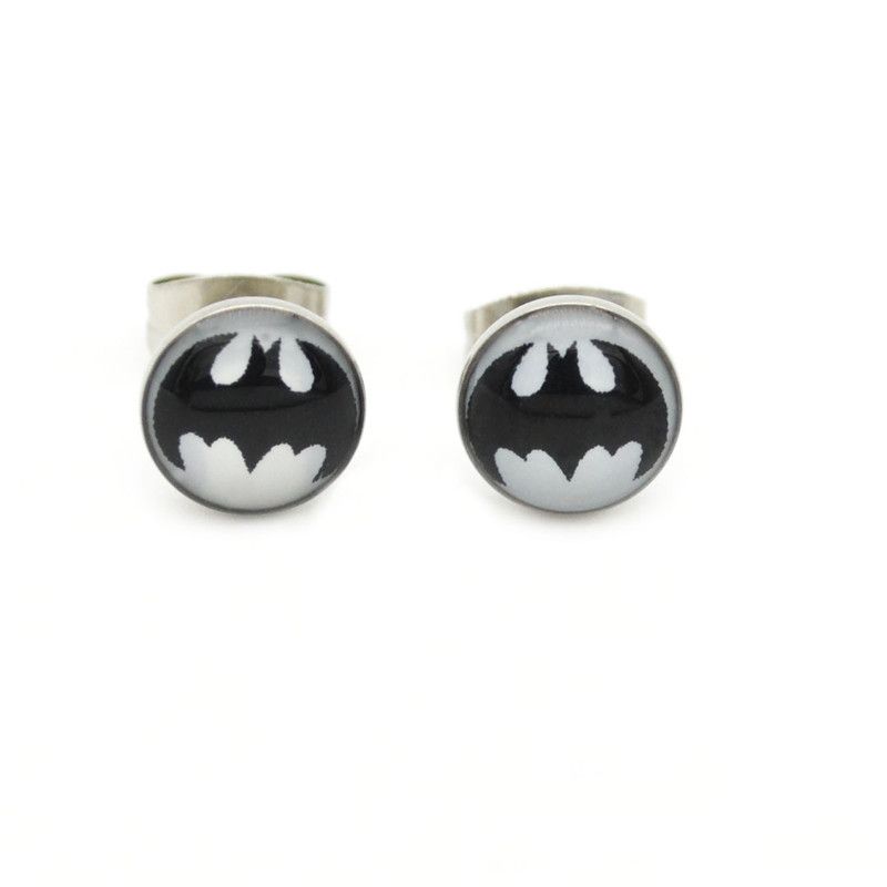 Silver Batman pattern Stainless Steel Mens Stud Earrings 