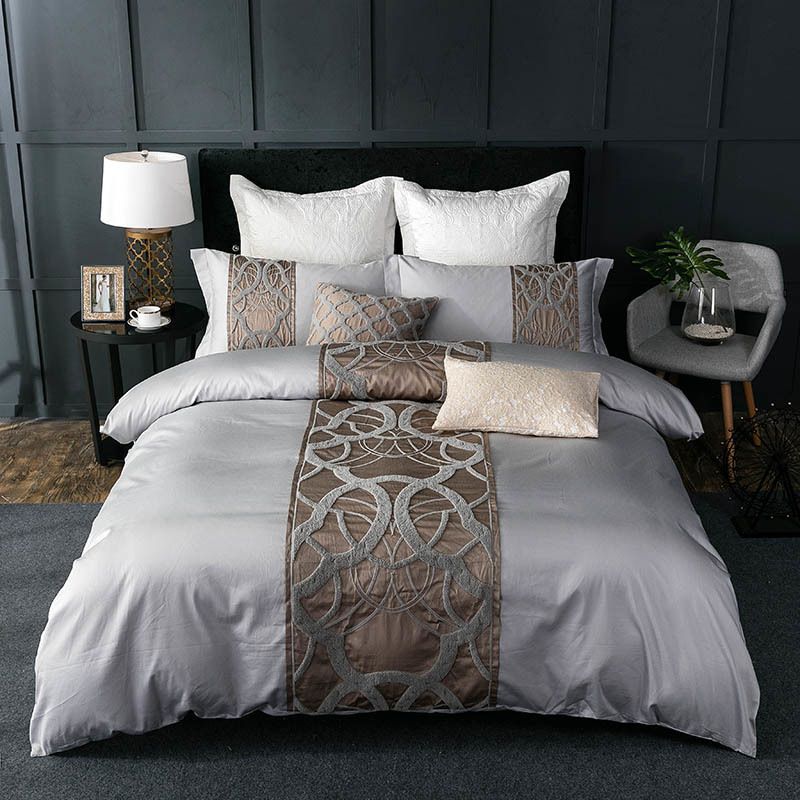 4 Grey White Bed Sheet Pillowcase Duvet Cover Set Luxury 60s Egyptian Cotton Queen King Double Size Bedding Linen Sheets