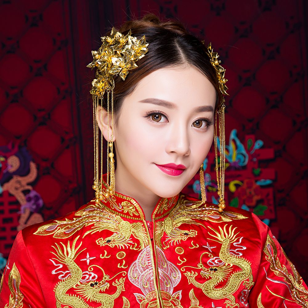 Classical Bridal Hair Sticks Gold Color Vintage Traditional Chinese Bride Jewelry Tassel Earrings Hairband Headpiece for Wedding Classical Bridal Hair Sticks Gold Color Vintage Traditional Chinese Bride Jewelry Tassel Earrings Hairband Headpiece for Wedding