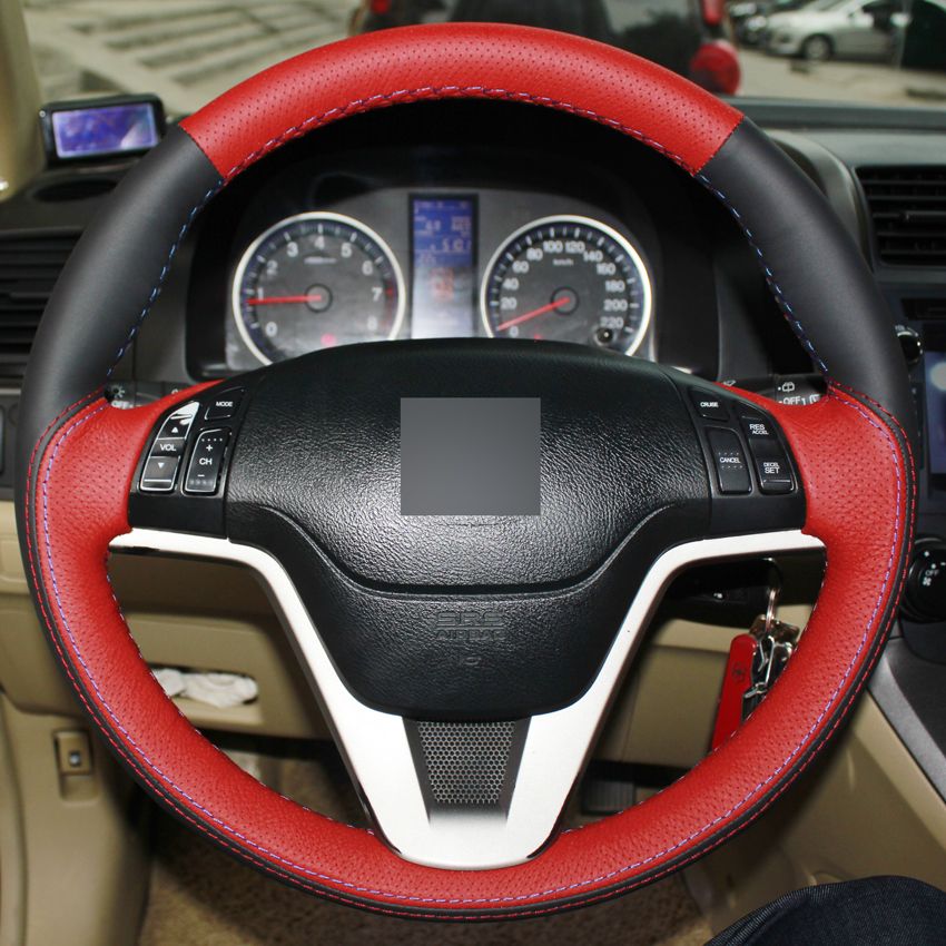 Black DIY 38cm Genuine Leather Steering Wheel Cover Non-Slip with Red Nylon Cord