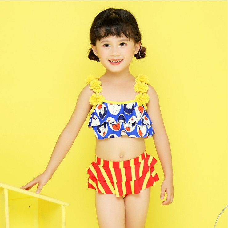 Girls Flower One-piece Striped Swimsuit Swimwear Kids Skirted Beach Bathing Suit