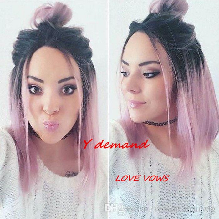 Ombre Middle Long Pink Wig Fake Hair Straight Fashion Synthetic