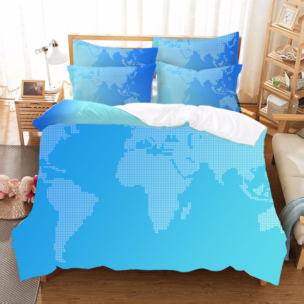 World Map Bedding Set Vivid Printed Blue Bed Duvet Cover With