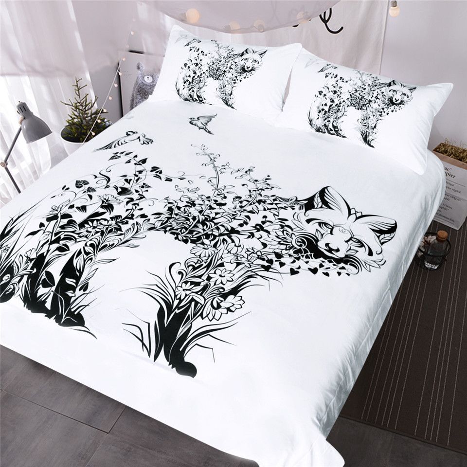 Fox Bedding Set Black And White Duvet Cover Set Wild Animal Bed