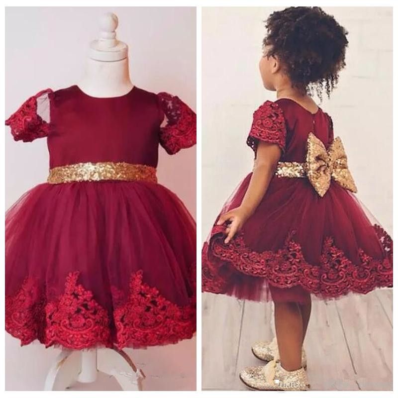 burgundy and gold flower girl dress