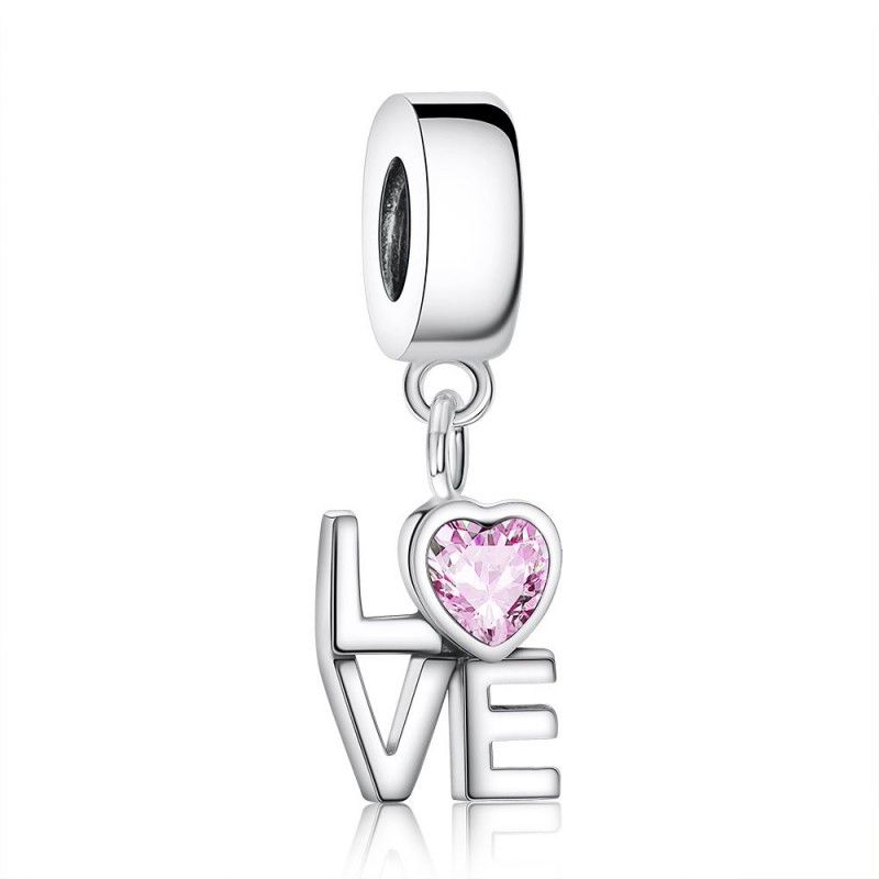 GIFT BOX 925 Silver Pink Stone Heart BEST FRIENDS CHARM Fits European bracelet