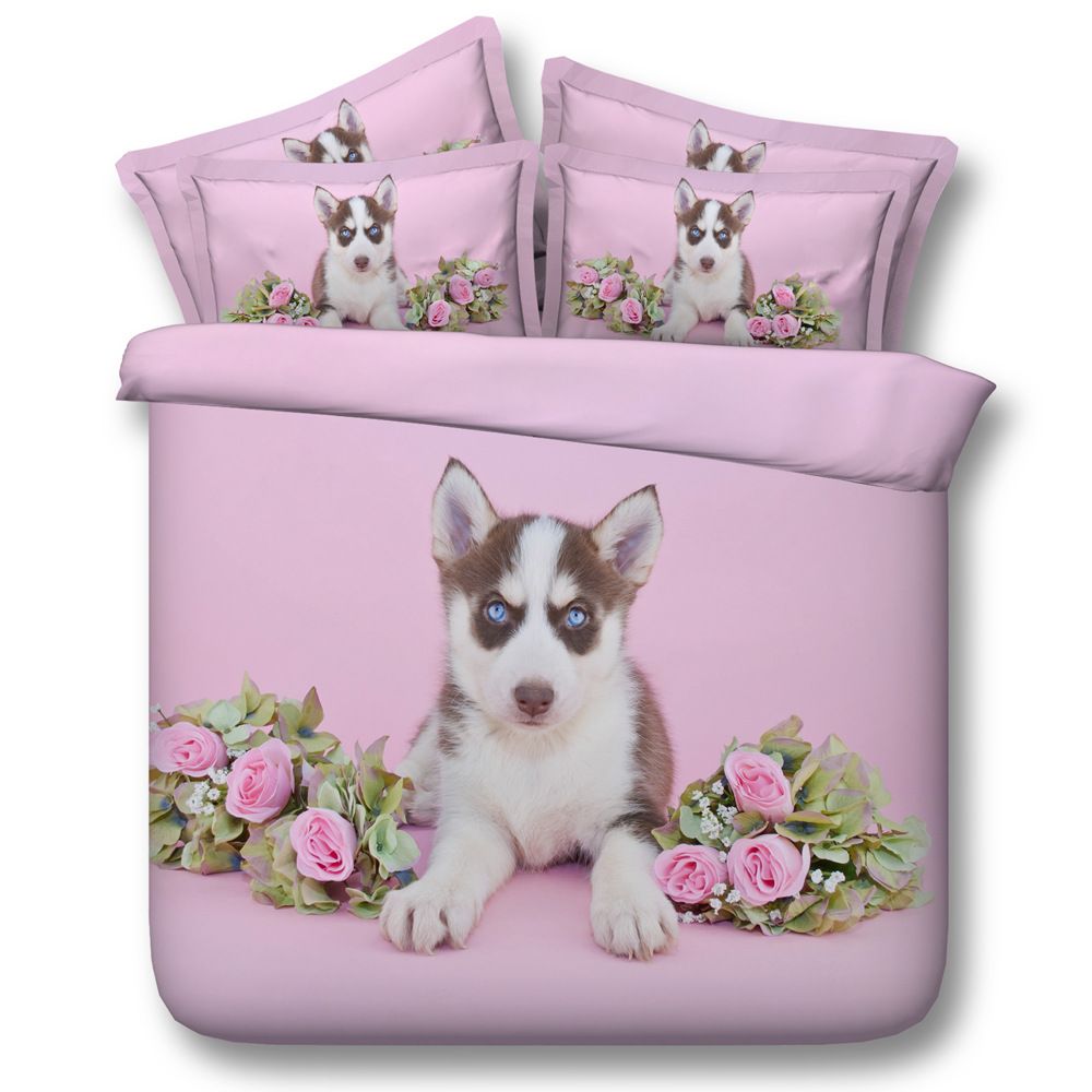 3D Husky Bedding Sets Dog Duvet Cover Puppy Bedspreads Pink Comforter