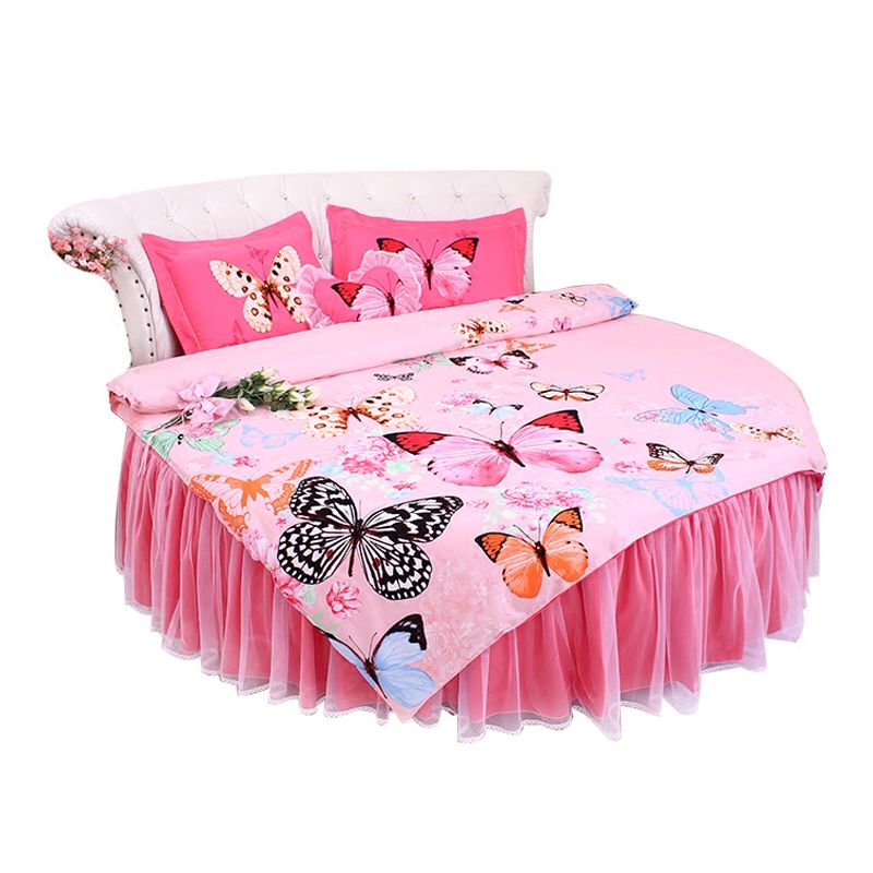 Sweet Round Bed Lace Pink Polka Dots Duvet Cover Set Lace Bow