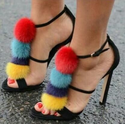 sandals with fur balls