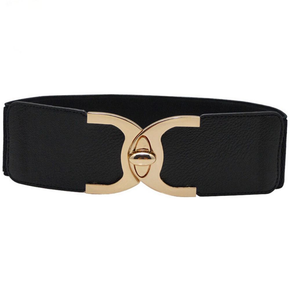 Women/'s Ladies Stretch Black Gold Buckle Elastic Waist Belt Leather Waistband