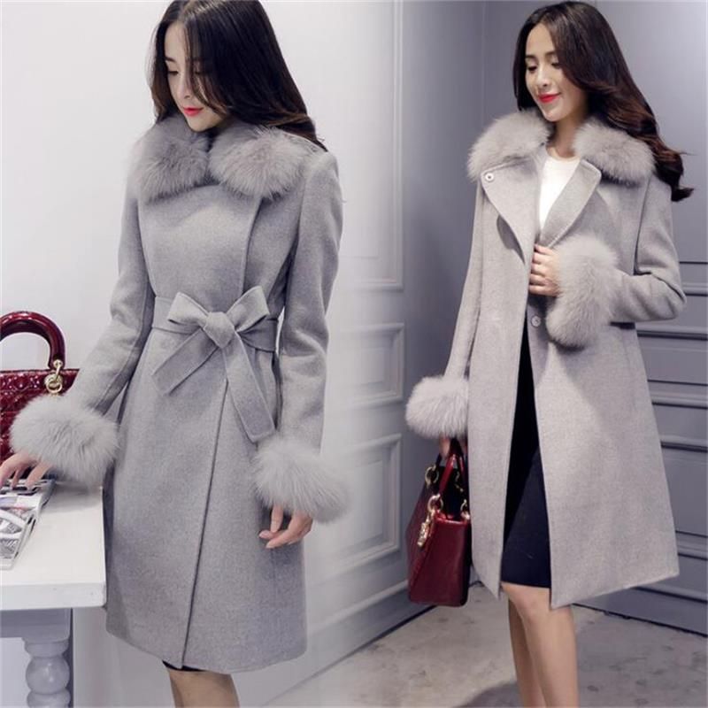 Abrigo de lana de alta calidad otoño invierno de las mujeres Sólido abrigo Moda coreana chaquetas femeninas de imitación de piel de zorro abrigo de