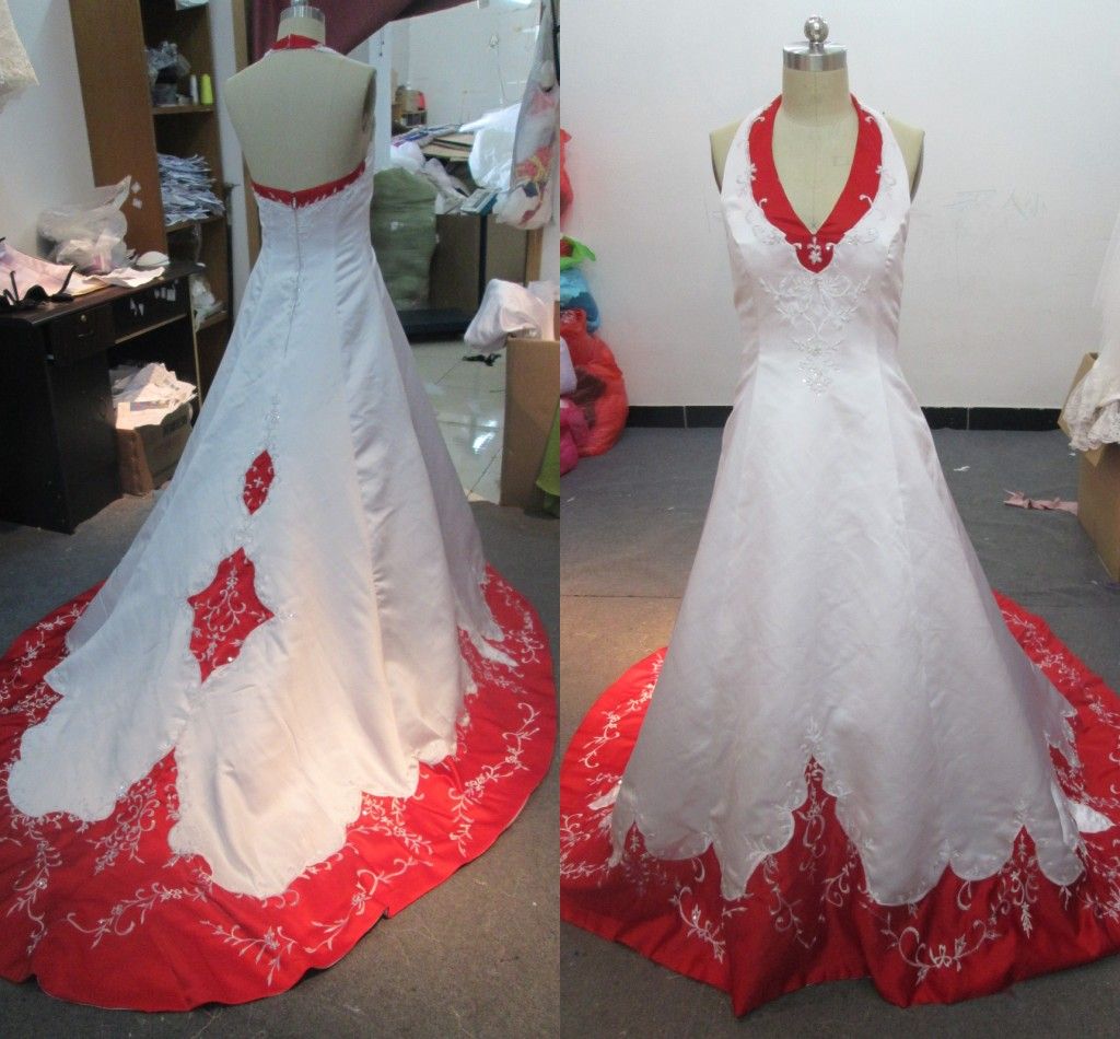 white wedding dress with red train