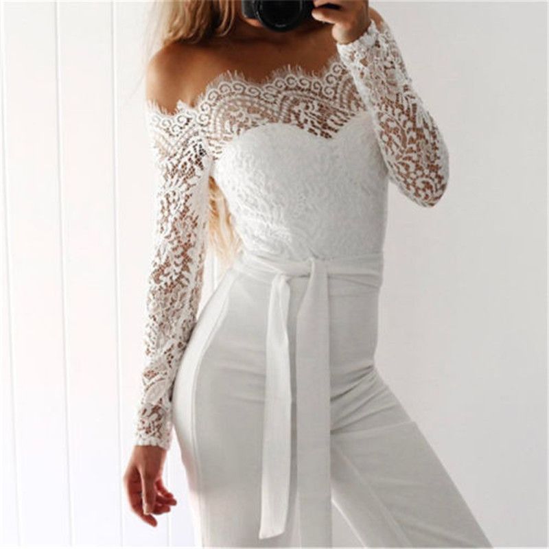 white lace off shoulder jumpsuit