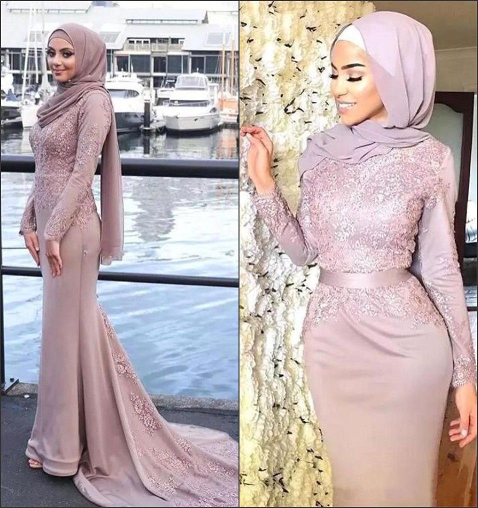 Acheter 2020 New Dusty Rose Muslim Robes De Soiree Hijab Col Haut A Manches Longues Celebrity Robes Sirene Appliques Robes De Bal Ba8911 De 77 19 Du Bestoffers Dhgate Com