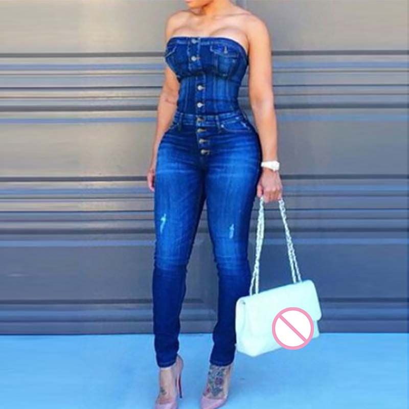 off the shoulder denim jumpsuit