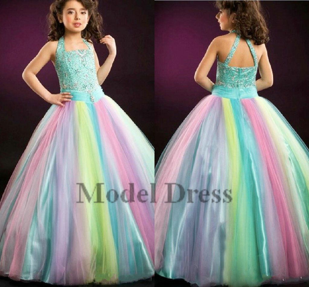 Gradient Girls Pageant Dresses Ball Gown Tulle Rainbow Color Floor