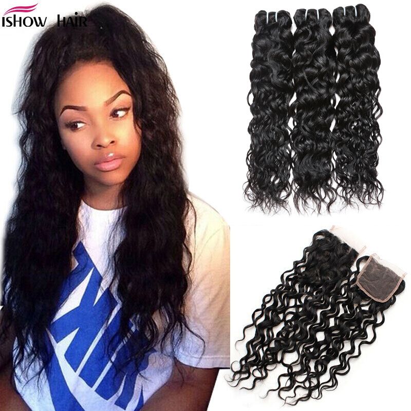 Cheap 8a Brazilian Water Wave With Closure Peruvian Wet And Wavy