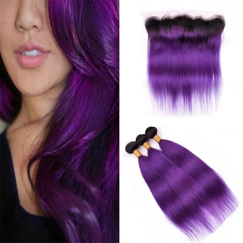 2019 Black Roots Purple Ombre Human Hair Bundles With Frontal Lace